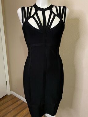 bebe Black Strappy rocker cage Cutout stretch bodycon cocktail Dress S 🖤🖤